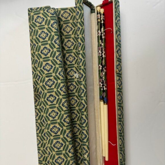 4 Vtg Sets Cloisonne Enamel Inlay Chopsticks in Original Silk Boxes, 8.5”Long - Picture 7 of 9